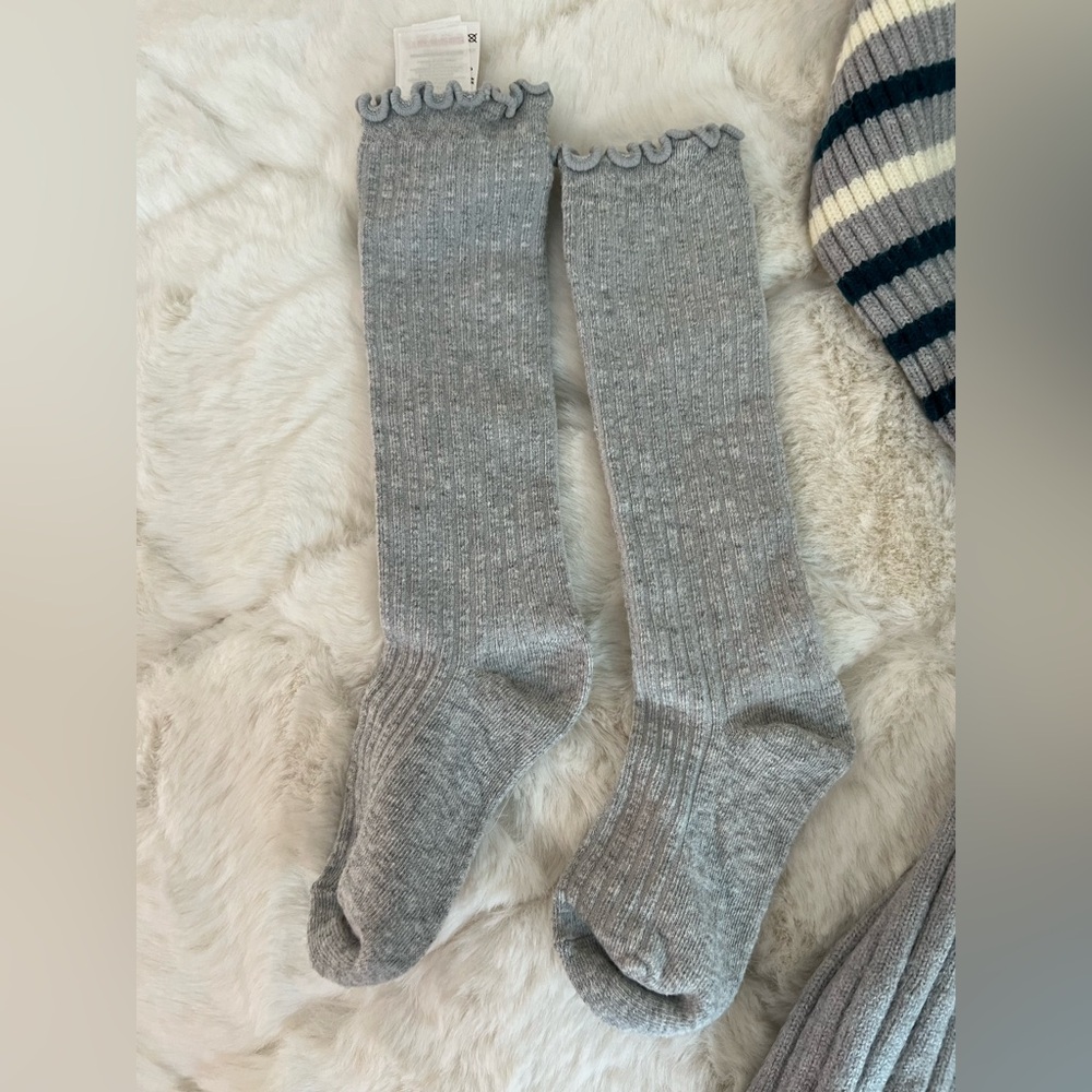 Girls Sweater Dress & Knee Socks Set Gray Striped Size 7/8 Cozy Outfit - Picture 6 of 10
